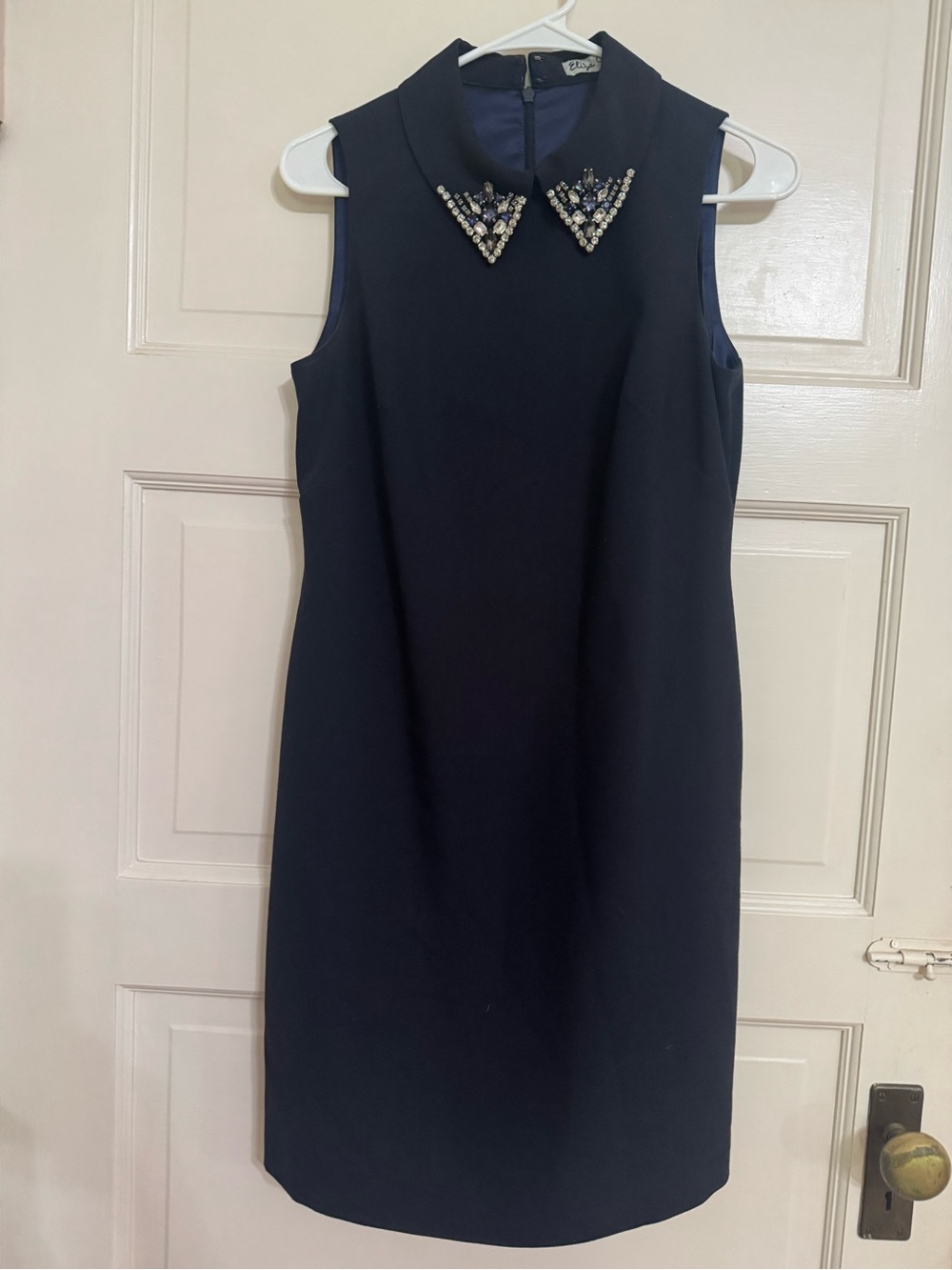 Eliza J Navy Sleeveless Shift Dress with Beaded Collar